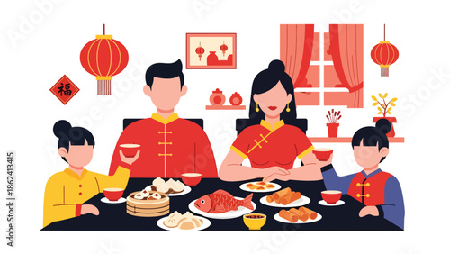 Modern vector illustration of Chinese New Year family dinner with lantern decorations at home, celebrating tradition, togetherness, and festive holiday lifestyle in friendly flat style
