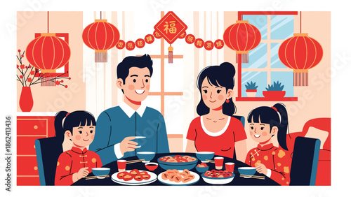 Modern vector illustration of Chinese New Year family dinner with lantern decorations at home, celebrating tradition, togetherness, and festive holiday lifestyle in friendly flat style