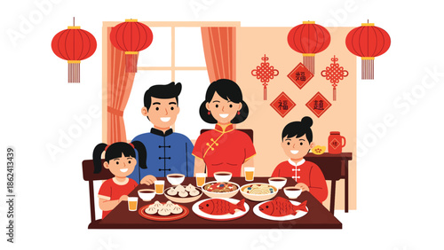 Modern vector illustration of Chinese New Year family dinner with lantern decorations at home, celebrating tradition, togetherness, and festive holiday lifestyle in friendly flat style