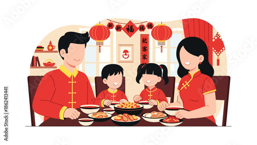 Modern vector illustration of Chinese New Year family dinner with lantern decorations at home, celebrating tradition, togetherness, and festive holiday lifestyle in friendly flat style