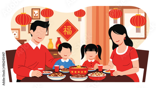 Modern vector illustration of Chinese New Year family dinner with lantern decorations at home, celebrating tradition, togetherness, and festive holiday lifestyle in friendly flat style