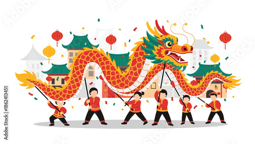 Modern vector illustration of dragon dance parade during Chinese New Year with joyful crowd and festive street decorations, symbolizing luck, prosperity, and cultural tradition