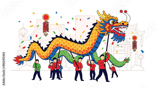 Modern vector illustration of dragon dance parade during Chinese New Year with joyful crowd and festive street decorations, symbolizing luck, prosperity, and cultural tradition