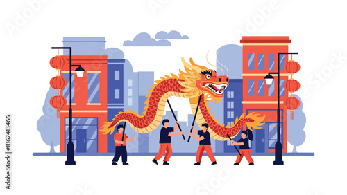 Modern vector illustration of dragon dance parade during Chinese New Year with joyful crowd and festive street decorations, symbolizing luck, prosperity, and cultural tradition