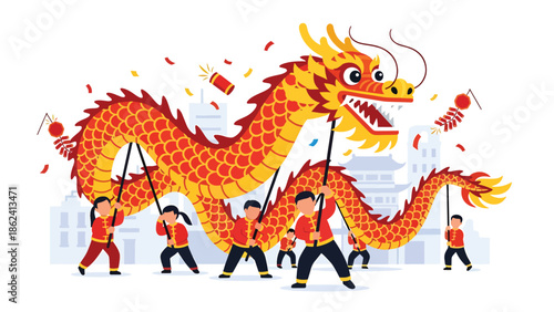Modern vector illustration of dragon dance parade during Chinese New Year with joyful crowd and festive street decorations, symbolizing luck, prosperity, and cultural tradition