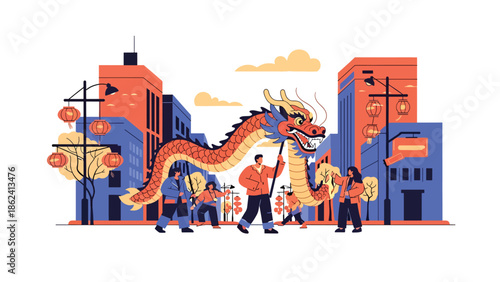 Modern vector illustration of dragon dance parade during Chinese New Year with joyful crowd and festive street decorations, symbolizing luck, prosperity, and cultural tradition