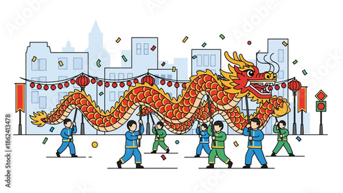 Modern vector illustration of dragon dance parade during Chinese New Year with joyful crowd and festive street decorations, symbolizing luck, prosperity, and cultural tradition