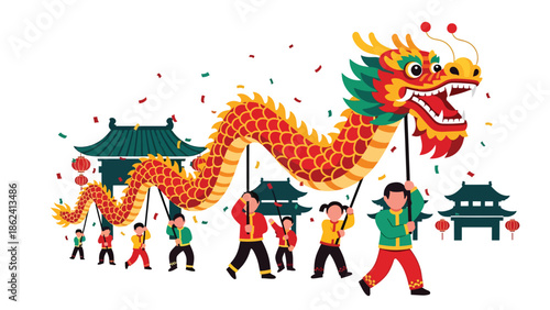 Modern vector illustration of dragon dance parade during Chinese New Year with joyful crowd and festive street decorations, symbolizing luck, prosperity, and cultural tradition