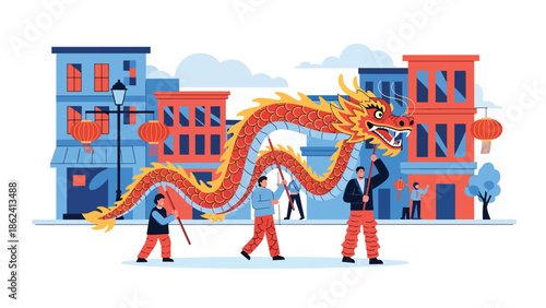 Modern vector illustration of dragon dance parade during Chinese New Year with joyful crowd and festive street decorations, symbolizing luck, prosperity, and cultural tradition