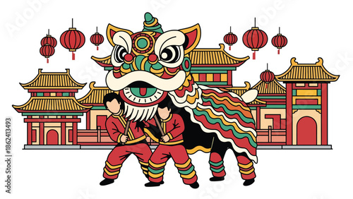 Modern vector illustration of lion dance performance with traditional buildings and lanterns, Chinese New Year celebration representing luck, joy, and festive cultural heritage