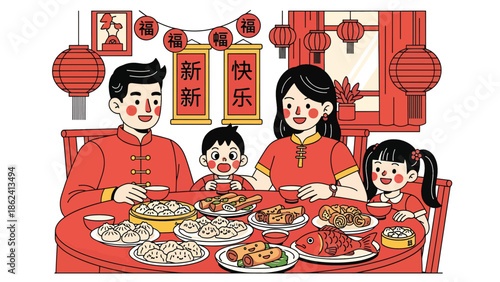 Modern vector illustration of Chinese New Year family dinner with lantern decorations at home, celebrating tradition, togetherness, and festive holiday lifestyle in friendly flat style