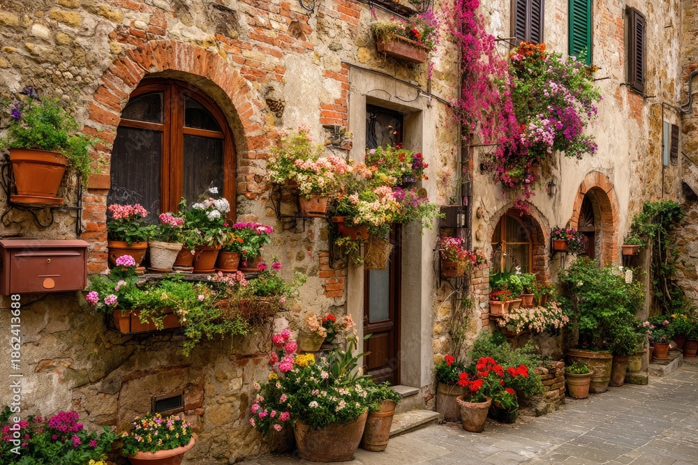 Fototapeta premium Charming Italian street scene with floral pots, arched windows, and brick facades