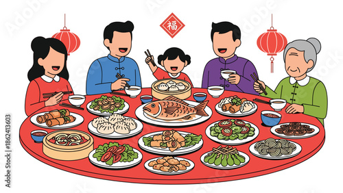 Modern vector illustration of traditional Chinese New Year dinner with family sharing festive dishes at round table, symbolizing unity, abundance, and celebration