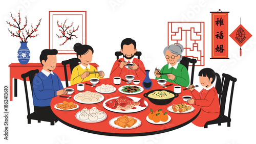 Modern vector illustration of traditional Chinese New Year dinner with family sharing festive dishes at round table, symbolizing unity, abundance, and celebration