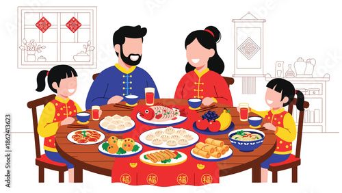Modern vector illustration of traditional Chinese New Year dinner with family sharing festive dishes at round table, symbolizing unity, abundance, and celebration