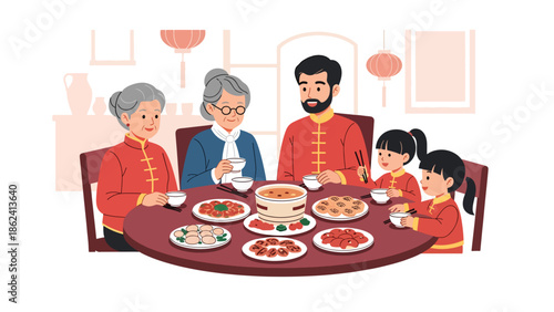 Modern vector illustration of traditional Chinese New Year dinner with family sharing festive dishes at round table, symbolizing unity, abundance, and celebration