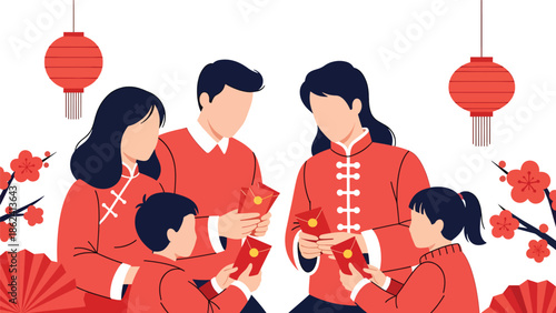 Modern vector illustration of family giving red envelopes to children during Chinese New Year, symbolizing blessings, luck, prosperity, and family tradition celebration