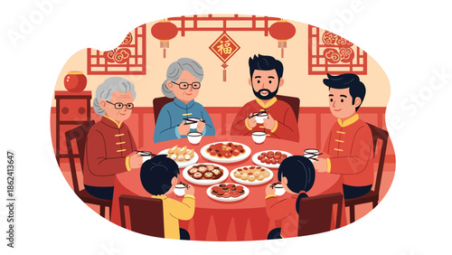 Modern vector illustration of traditional Chinese New Year dinner with family sharing festive dishes at round table, symbolizing unity, abundance, and celebration