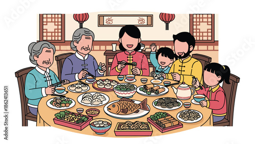 Modern vector illustration of traditional Chinese New Year dinner with family sharing festive dishes at round table, symbolizing unity, abundance, and celebration
