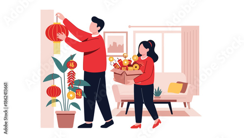 Modern vector illustration of couple decorating home with red lanterns and ornaments for Chinese New Year, festive preparation, tradition, and modern lifestyle scene