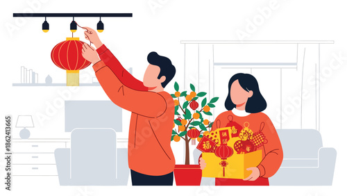 Modern vector illustration of couple decorating home with red lanterns and ornaments for Chinese New Year, festive preparation, tradition, and modern lifestyle scene