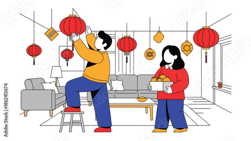 Modern vector illustration of couple decorating home with red lanterns and ornaments for Chinese New Year, festive preparation, tradition, and modern lifestyle scene