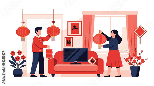 Modern vector illustration of couple decorating home with red lanterns and ornaments for Chinese New Year, festive preparation, tradition, and modern lifestyle scene