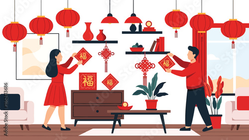 Modern vector illustration of couple decorating home with red lanterns and ornaments for Chinese New Year, festive preparation, tradition, and modern lifestyle scene