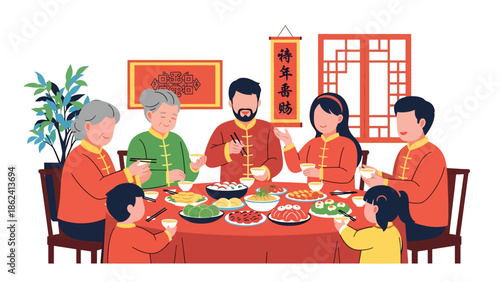 Modern vector illustration of traditional Chinese New Year dinner with family sharing festive dishes at round table, symbolizing unity, abundance, and celebration