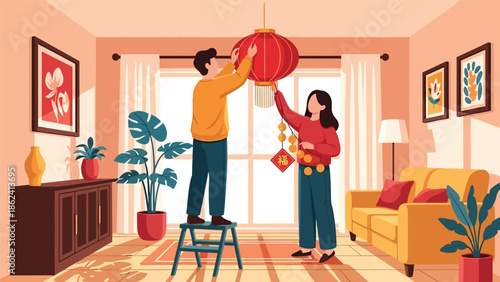 Modern vector illustration of couple decorating home with red lanterns and ornaments for Chinese New Year, festive preparation, tradition, and modern lifestyle scene