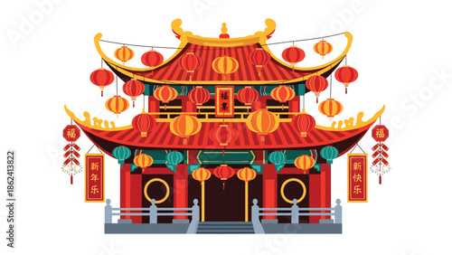 Modern vector illustration of traditional Chinese temple decorated with lanterns during Chinese New Year, peaceful celebration, cultural heritage, and festive spirituality