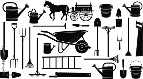 Gardening tools silhouettes vector set, agricultural equipment icons with wheelbarrow, watering cans, shovel, rake, ladder, horse-drawn cart and farm supplies, isolated.