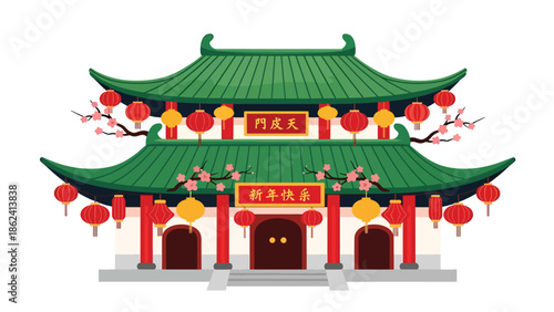 Modern vector illustration of traditional Chinese temple decorated with lanterns during Chinese New Year, peaceful celebration, cultural heritage, and festive spirituality