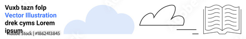 Education, learning, creativity, digital media, cloud storage, knowledge sharing. Blue and outlined clouds with an open book icon and placeholder text. Education and knowledge sharing concept