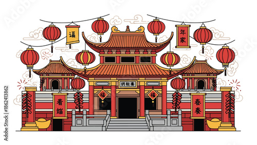 Modern vector illustration of traditional Chinese temple decorated with lanterns during Chinese New Year, peaceful celebration, cultural heritage, and festive spirituality