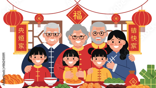 Modern vector illustration of multi-generation family smiling together during Chinese New Year celebration, symbolizing reunion, love, and cultural family values