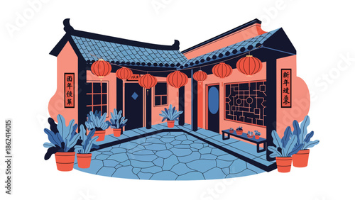 Modern vector illustration of traditional courtyard decorated for Chinese New Year with lanterns and plants, welcoming festive atmosphere and cultural heritage scene
