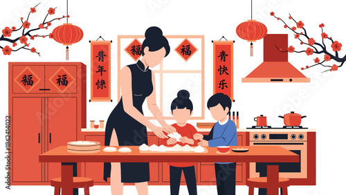 Modern vector illustration of family making dumplings together in kitchen for Chinese New Year, warm home activity, cultural tradition, and family bonding