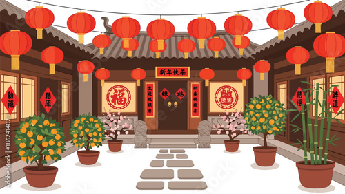 Modern vector illustration of traditional courtyard decorated for Chinese New Year with lanterns and plants, welcoming festive atmosphere and cultural heritage scene