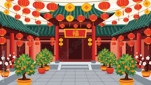Modern vector illustration of traditional courtyard decorated for Chinese New Year with lanterns and plants, welcoming festive atmosphere and cultural heritage scene