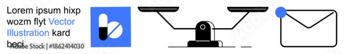 Healthcare, balance, notifications, communication, justice, pharmaceutical research. Black capsule symbol, scales and envelope with alert dot. Healthcare and communication design concept