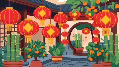 Modern vector illustration of traditional courtyard decorated for Chinese New Year with lanterns and plants, welcoming festive atmosphere and cultural heritage scene