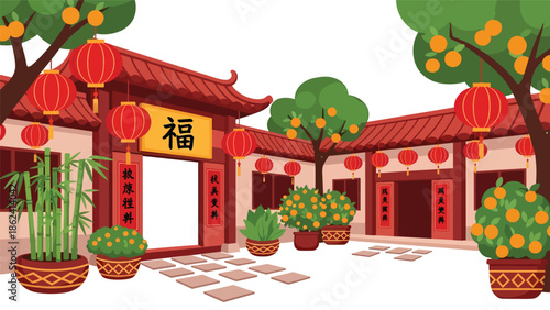 Modern vector illustration of traditional courtyard decorated for Chinese New Year with lanterns and plants, welcoming festive atmosphere and cultural heritage scene