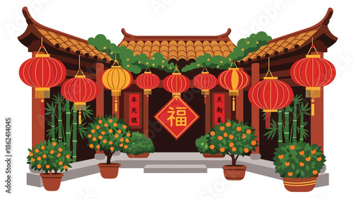 Modern vector illustration of traditional courtyard decorated for Chinese New Year with lanterns and plants, welcoming festive atmosphere and cultural heritage scene