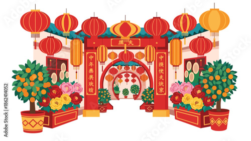 Modern vector illustration of traditional courtyard decorated for Chinese New Year with lanterns and plants, welcoming festive atmosphere and cultural heritage scene