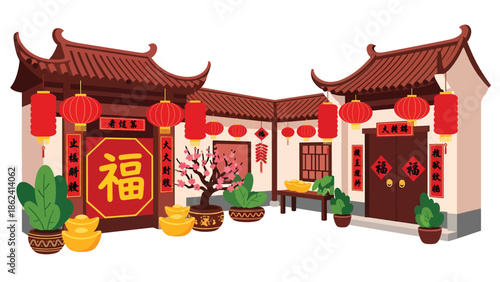 Modern vector illustration of traditional courtyard decorated for Chinese New Year with lanterns and plants, welcoming festive atmosphere and cultural heritage scene