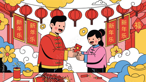 Modern vector illustration of people exchanging greetings and gifts during Chinese New Year, social celebration, goodwill, and festive cultural tradition