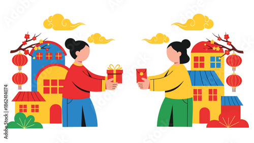 Modern vector illustration of people exchanging greetings and gifts during Chinese New Year, social celebration, goodwill, and festive cultural tradition