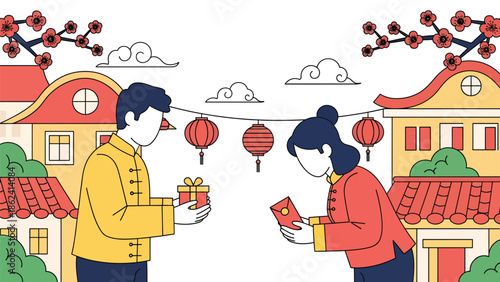 Modern vector illustration of people exchanging greetings and gifts during Chinese New Year, social celebration, goodwill, and festive cultural tradition