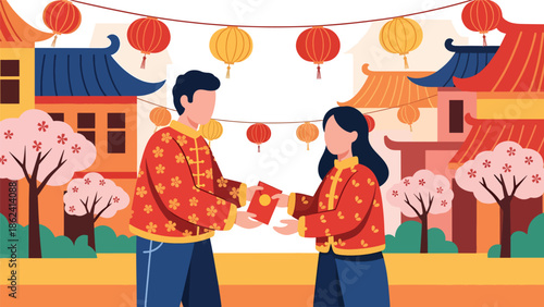 Modern vector illustration of people exchanging greetings and gifts during Chinese New Year, social celebration, goodwill, and festive cultural tradition